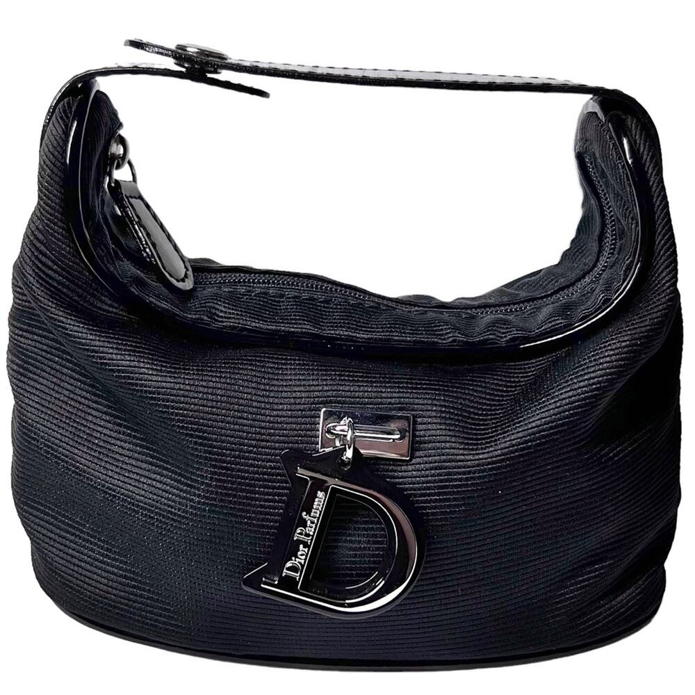 AUTH VTG Christian Dior Parfums Black Mini D Logo Charm Makeup Bag Purse